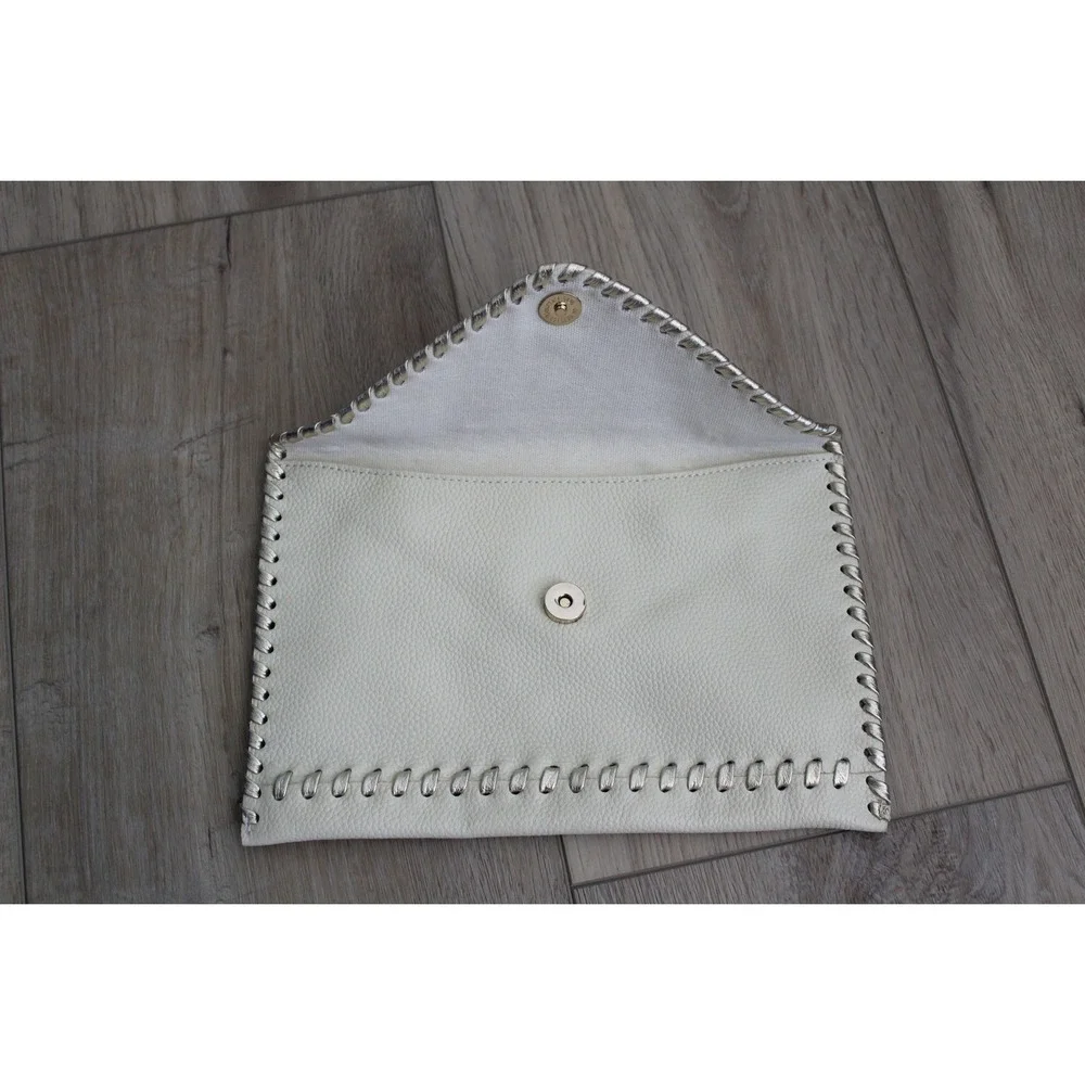 Laggo Cream Pebbled Leather Envelope Clutch Metallic Whipstitch‎ Detail Bag